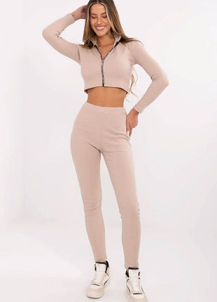 Women's Ribbed Cotton Set – Zip-Up Top & High-Waisted Pants - MimiStylez