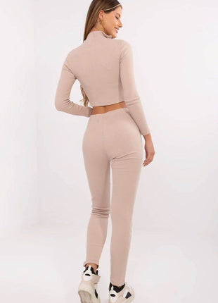 Women's Ribbed Cotton Set – Zip-Up Top & High-Waisted Pants - MimiStylez