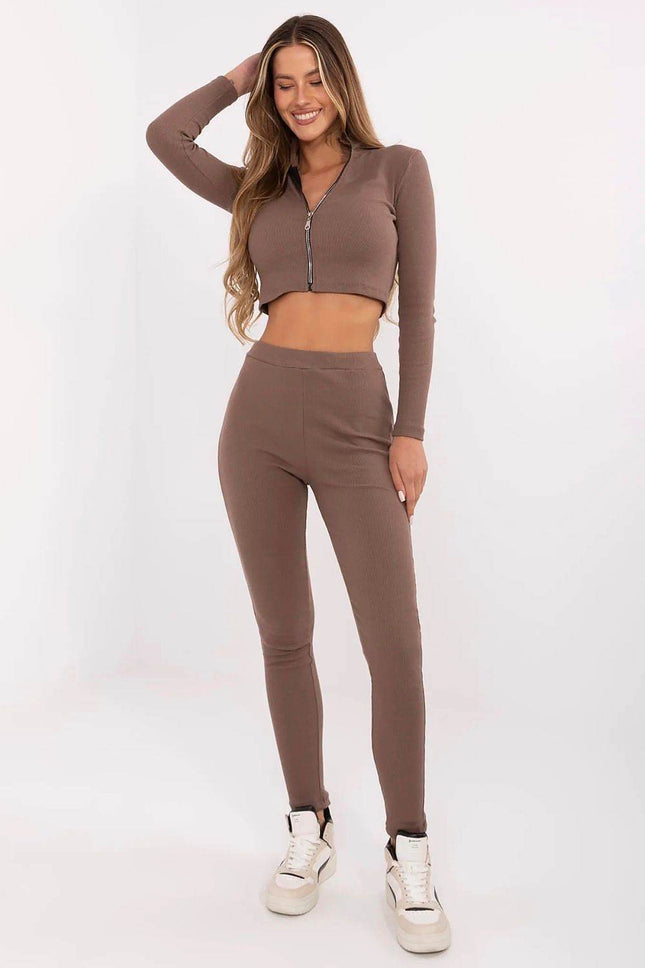 Women's Ribbed Cotton Set – Zip-Up Top & High-Waisted Pants - MimiStylez