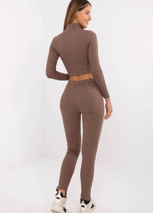 Women's Ribbed Cotton Set – Zip-Up Top & High-Waisted Pants - MimiStylez