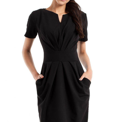 Draped Sweetheart Neckline Dress with Short Sleeves and Side Pockets - MimiStylez