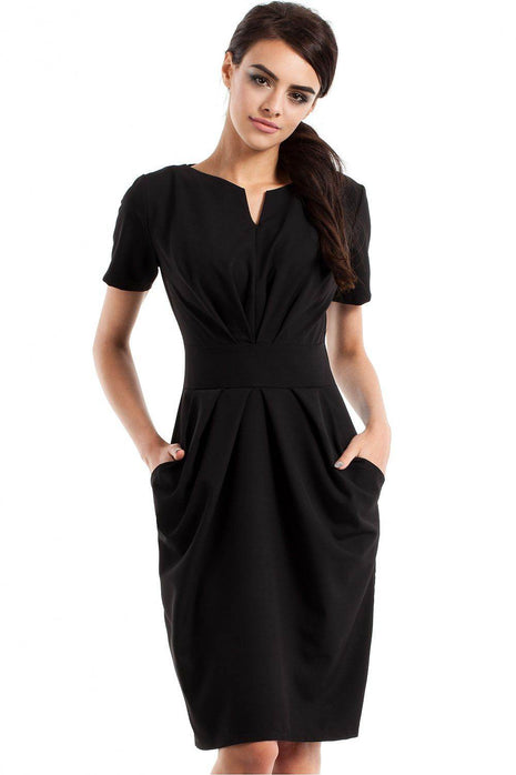 Draped Sweetheart Neckline Dress with Short Sleeves and Side Pockets - MimiStylez