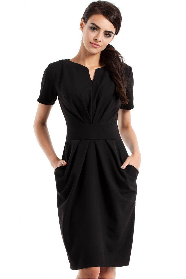 Draped Sweetheart Neckline Dress with Short Sleeves and Side Pockets - MimiStylez
