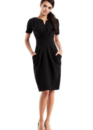 Draped Sweetheart Neckline Dress with Short Sleeves and Side Pockets - MimiStylez