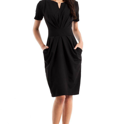 Draped Sweetheart Neckline Dress with Short Sleeves and Side Pockets - MimiStylez