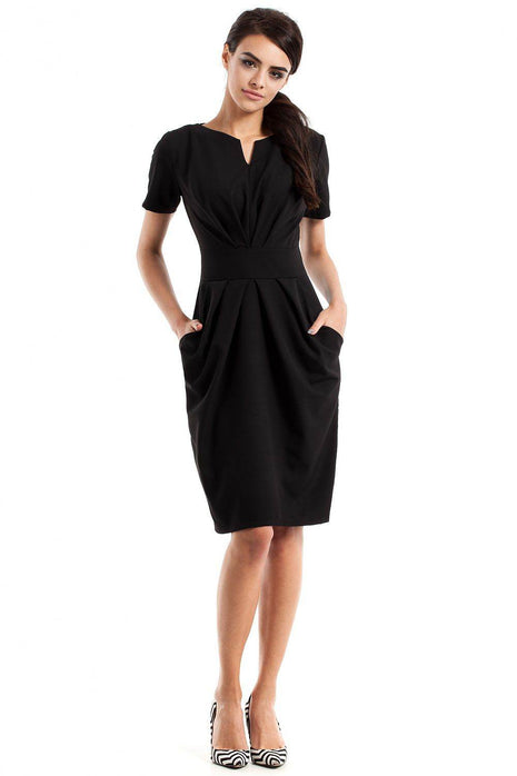 Draped Sweetheart Neckline Dress with Short Sleeves and Side Pockets - MimiStylez