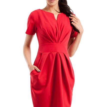 Draped Sweetheart Neckline Dress with Short Sleeves and Side Pockets - MimiStylez