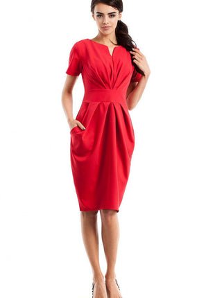 Draped Sweetheart Neckline Dress with Short Sleeves and Side Pockets - MimiStylez