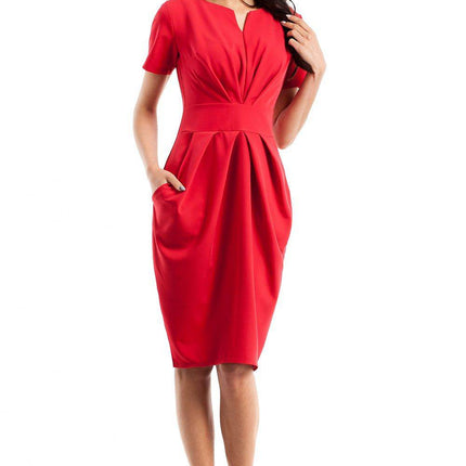 Draped Sweetheart Neckline Dress with Short Sleeves and Side Pockets - MimiStylez