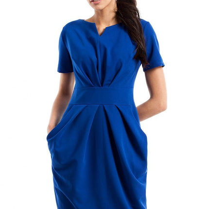 Draped Sweetheart Neckline Dress with Short Sleeves and Side Pockets - MimiStylez