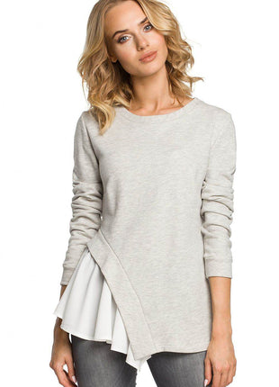 Asymmetrical Long-Sleeve Cotton Blouse in Ribbed Knit and Airy Fabric - MimiStylez