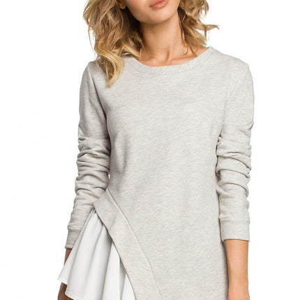 Asymmetrical Long-Sleeve Cotton Blouse in Ribbed Knit and Airy Fabric - MimiStylez