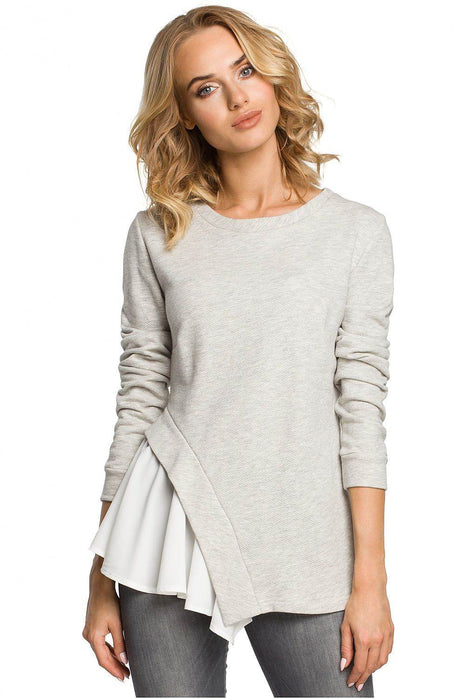 Asymmetrical Long-Sleeve Cotton Blouse in Ribbed Knit and Airy Fabric - MimiStylez