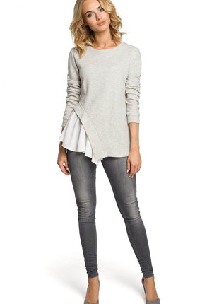 Asymmetrical Long-Sleeve Cotton Blouse in Ribbed Knit and Airy Fabric - MimiStylez