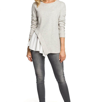 Asymmetrical Long-Sleeve Cotton Blouse in Ribbed Knit and Airy Fabric - MimiStylez