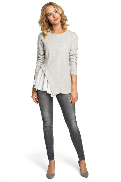 Asymmetrical Long-Sleeve Cotton Blouse in Ribbed Knit and Airy Fabric - MimiStylez