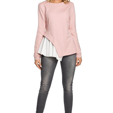 Asymmetrical Long-Sleeve Cotton Blouse in Ribbed Knit and Airy Fabric - MimiStylez