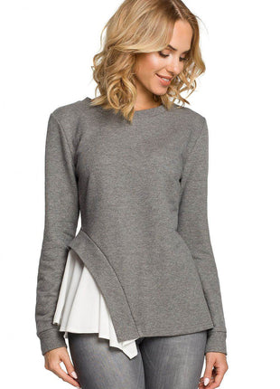 Asymmetrical Long-Sleeve Cotton Blouse in Ribbed Knit and Airy Fabric - MimiStylez