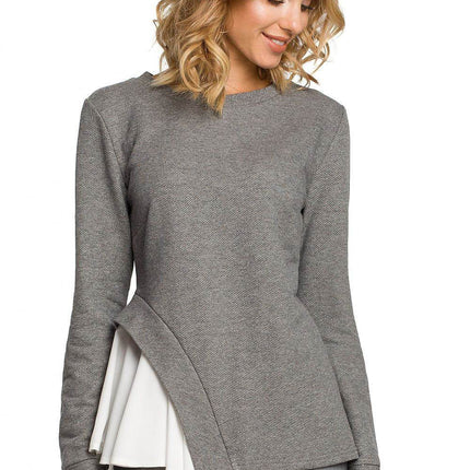 Asymmetrical Long-Sleeve Cotton Blouse in Ribbed Knit and Airy Fabric - MimiStylez
