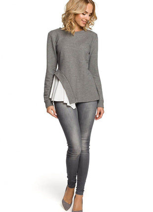 Asymmetrical Long-Sleeve Cotton Blouse in Ribbed Knit and Airy Fabric - MimiStylez