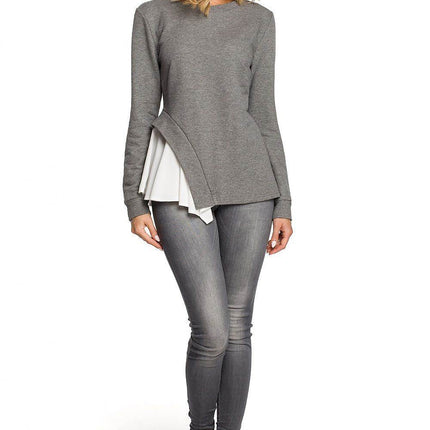 Asymmetrical Long-Sleeve Cotton Blouse in Ribbed Knit and Airy Fabric - MimiStylez