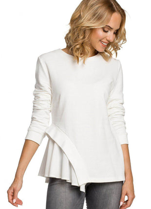 Asymmetrical Long-Sleeve Cotton Blouse in Ribbed Knit and Airy Fabric - MimiStylez