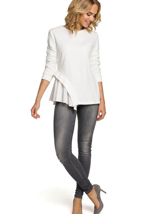 Asymmetrical Long-Sleeve Cotton Blouse in Ribbed Knit and Airy Fabric - MimiStylez