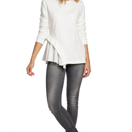 Asymmetrical Long-Sleeve Cotton Blouse in Ribbed Knit and Airy Fabric - MimiStylez