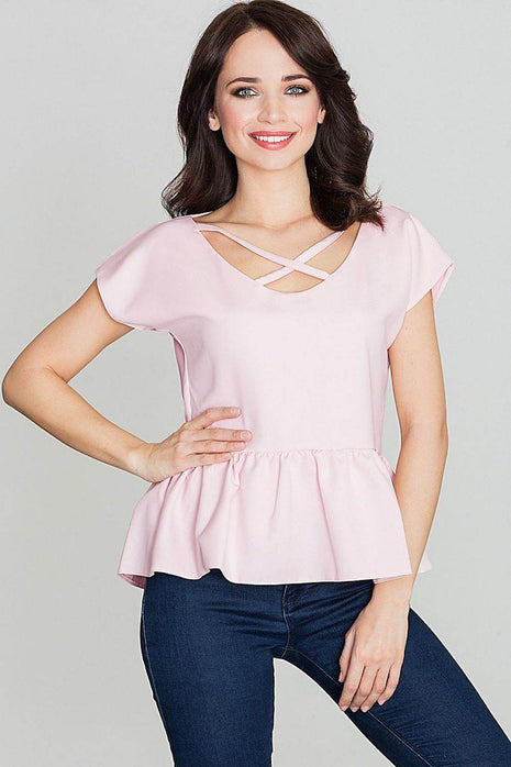 Women's Stretch Blouse with Wide V-Neck & Crossed Strap Detail - MimiStylez
