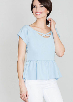 Women's Stretch Blouse with Wide V-Neck & Crossed Strap Detail - MimiStylez