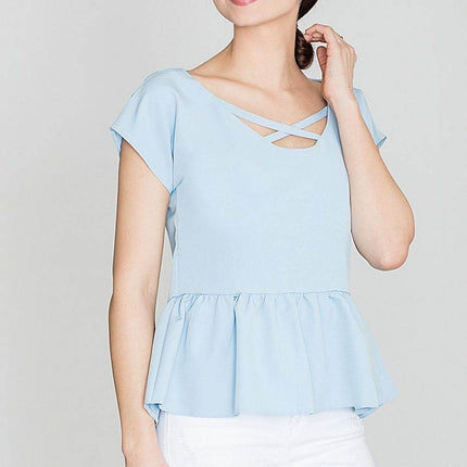 Women's Stretch Blouse with Wide V-Neck & Crossed Strap Detail - MimiStylez