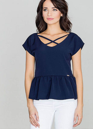 Women's Stretch Blouse with Wide V-Neck & Crossed Strap Detail - MimiStylez