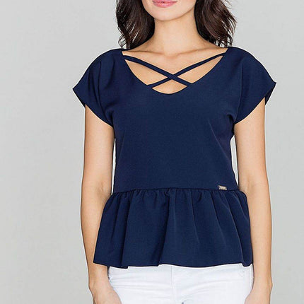 Women's Stretch Blouse with Wide V-Neck & Crossed Strap Detail - MimiStylez