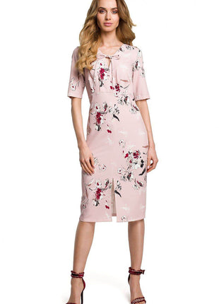 Floral Midi Dress with Heart Neckline, Tie Detail & Covered Zip - MimiStylez