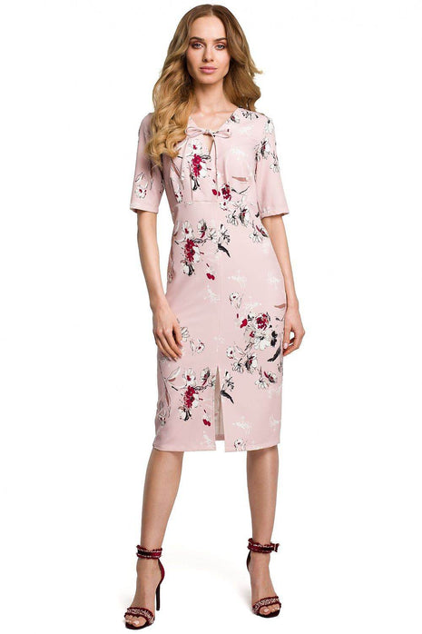 Floral Midi Dress with Heart Neckline, Tie Detail & Covered Zip - MimiStylez