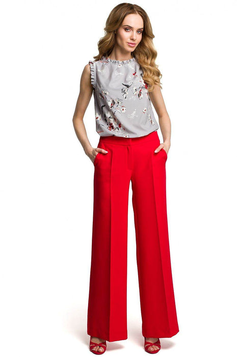 Wide-Leg Trousers with Side Pockets and Front Zip Closure - MimiStylez