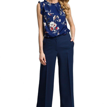 Wide-Leg Trousers with Side Pockets and Front Zip Closure - MimiStylez
