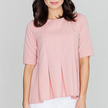 Loose-Fit Blouse with Round Neck, Front Pleats & Back Zip Closure - MimiStylez