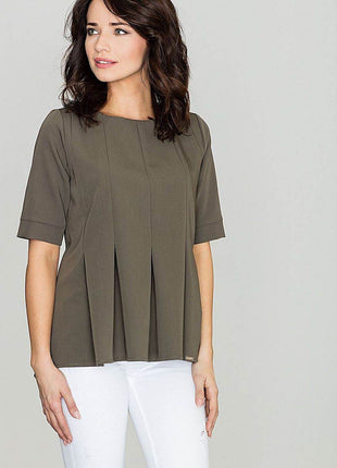 Loose-Fit Blouse with Round Neck, Front Pleats & Back Zip Closure - MimiStylez