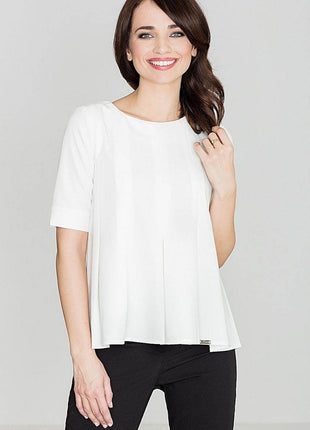 Loose-Fit Blouse with Round Neck, Front Pleats & Back Zip Closure - MimiStylez