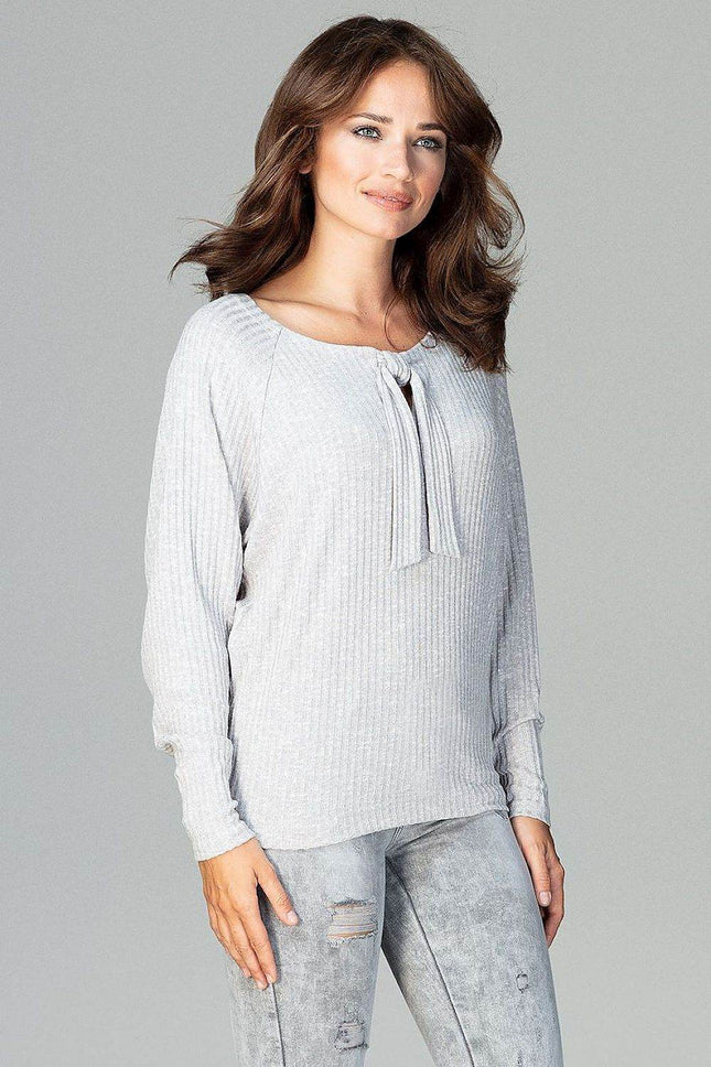 Lightweight Knitted Blouse with Bow Tie Neckline & Raglan Sleeves - MimiStylez