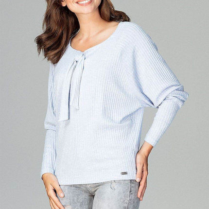Lightweight Knitted Blouse with Bow Tie Neckline & Raglan Sleeves - MimiStylez