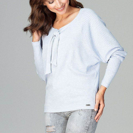 Lightweight Knitted Blouse with Bow Tie Neckline & Raglan Sleeves - MimiStylez