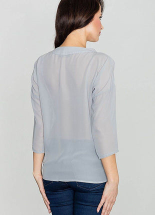 3/4 Sleeve Blouse with Envelope Neckline & Button Detail - MimiStylez