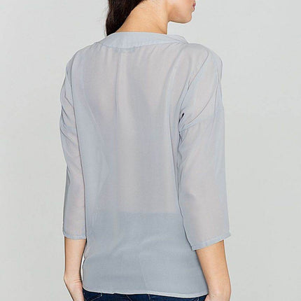 3/4 Sleeve Blouse with Envelope Neckline & Button Detail - MimiStylez