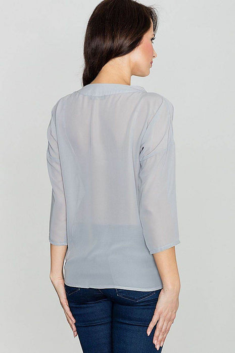 3/4 Sleeve Blouse with Envelope Neckline & Button Detail - MimiStylez