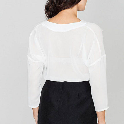 3/4 Sleeve Blouse with Envelope Neckline & Button Detail - MimiStylez