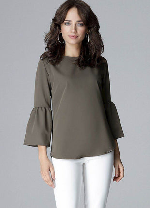 Elegant 3/4 Sleeve Blouse with Frill & Decorative Zipper - MimiStylez
