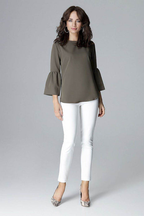 Elegant 3/4 Sleeve Blouse with Frill & Decorative Zipper - MimiStylez