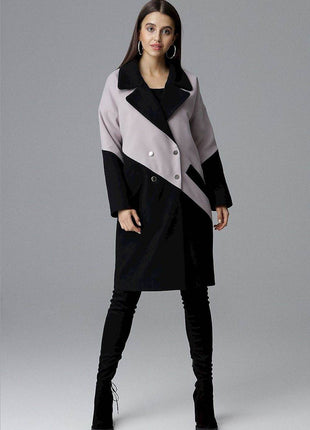Two-Tone Coat with Turn-Up Collar & Silver Snap Fasteners - MimiStylez